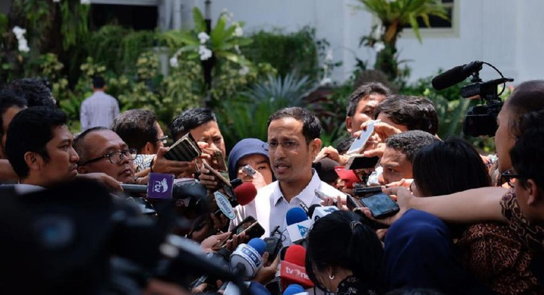 Eks CEO Gojek Indonesia Nadiem Makarim usai menemui Presiden Joko Widodo di Istana Negara Jakarta